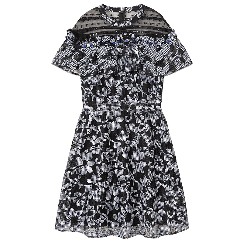 马克华菲华女装2019夏蕾丝印花连衣裙收腰拼接钩花连衣裙夏