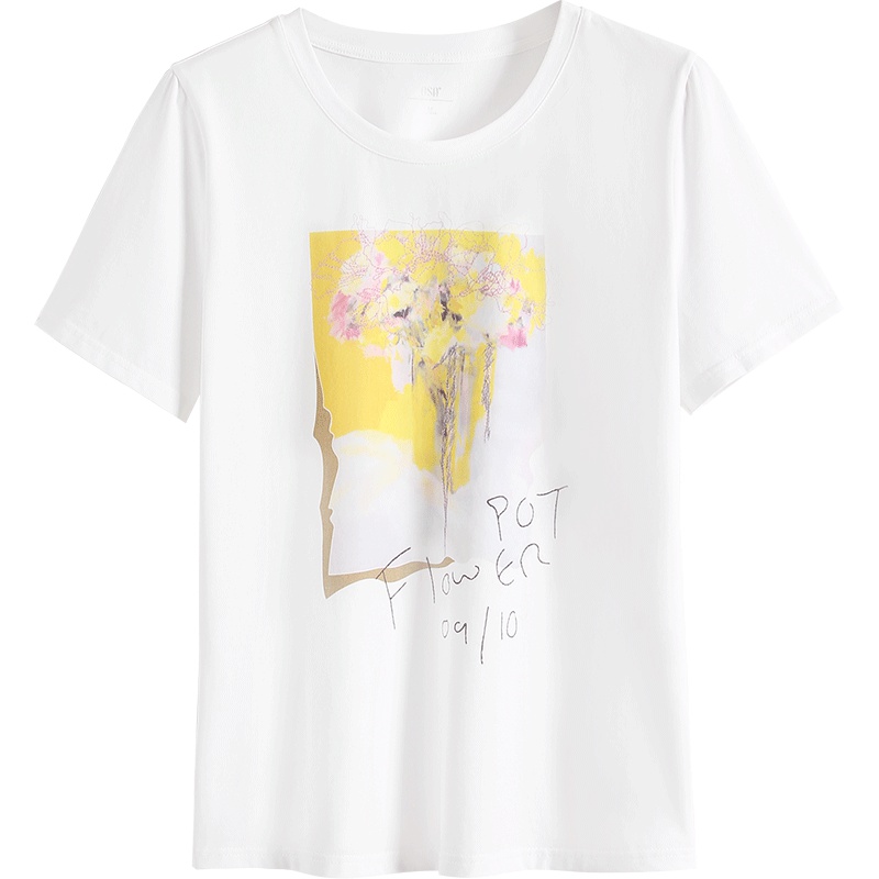 OSA欧莎白色T恤女2019新款夏短袖宽松印花上衣ins潮古着感百搭