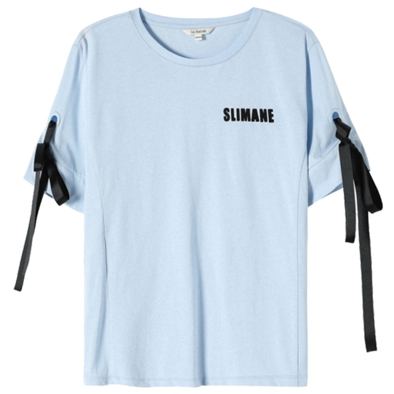 【专柜同款】拉夏贝尔夏季新款圆领短袖绑带字母印花时尚休闲纯棉T恤60008137