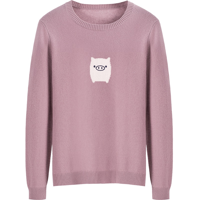 鄂尔多斯ERDOS 秋冬圆领可爱小猪提花羊绒衫女士针织衫/毛衣