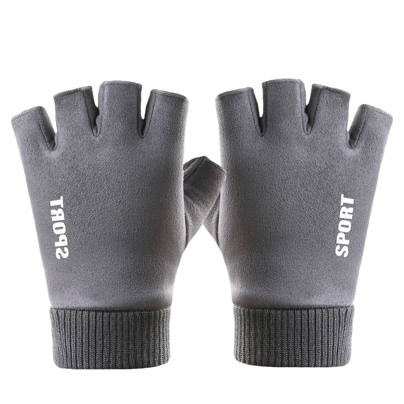 蒙斯朗瑞 手套男秋冬季加绒保暖手套半指麂皮绒触屏手套冬韩版户外露二指开车骑行手套防滑