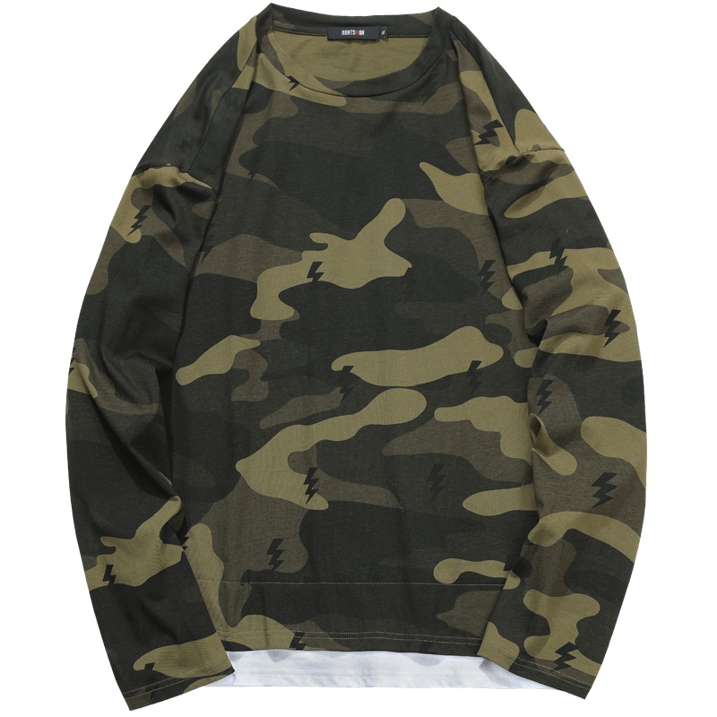 海德斯曼迷彩长袖T恤男圆领春秋ins情侣款纯棉打底衫假两件嘻哈薄20310