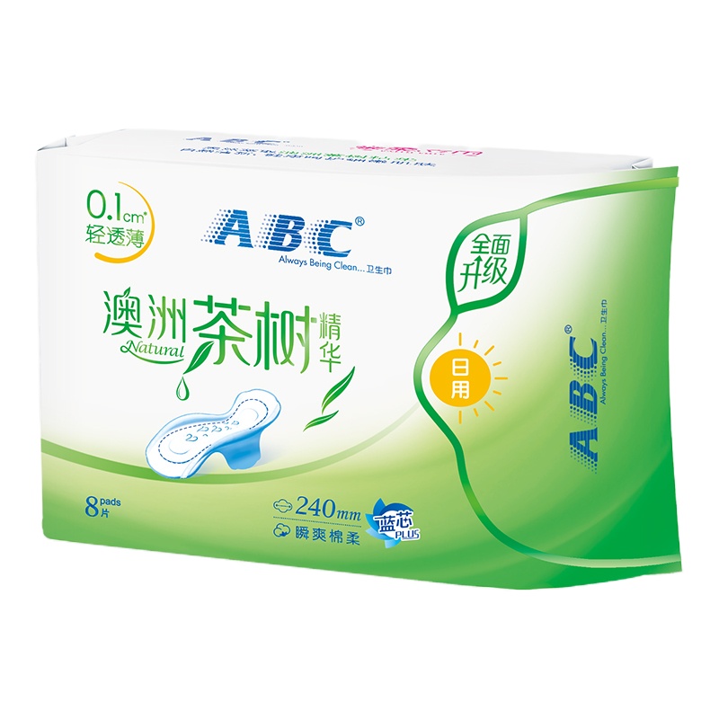 ABC日用卫生巾 轻透薄棉柔240mm*8片 （含澳洲茶树精华） 姨妈巾