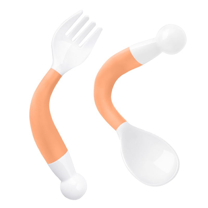 宝啦(baola)母婴婴幼儿童餐具1566歪把勺子叉子套装宝宝学吃饭婴儿弯头餐具训练饭勺 ——橘粉色
