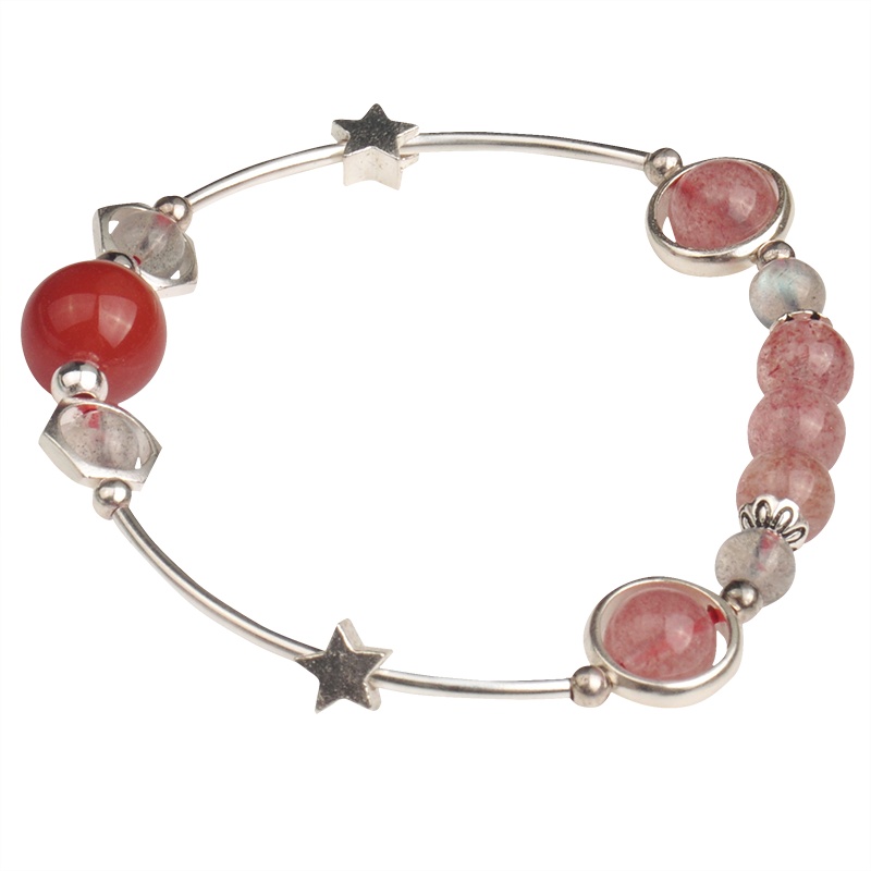 梦克拉 Mkela S925银红玛瑙草莓晶月光石手链 清新 蓝月光石强光 手链 水晶 女士 甜美可爱