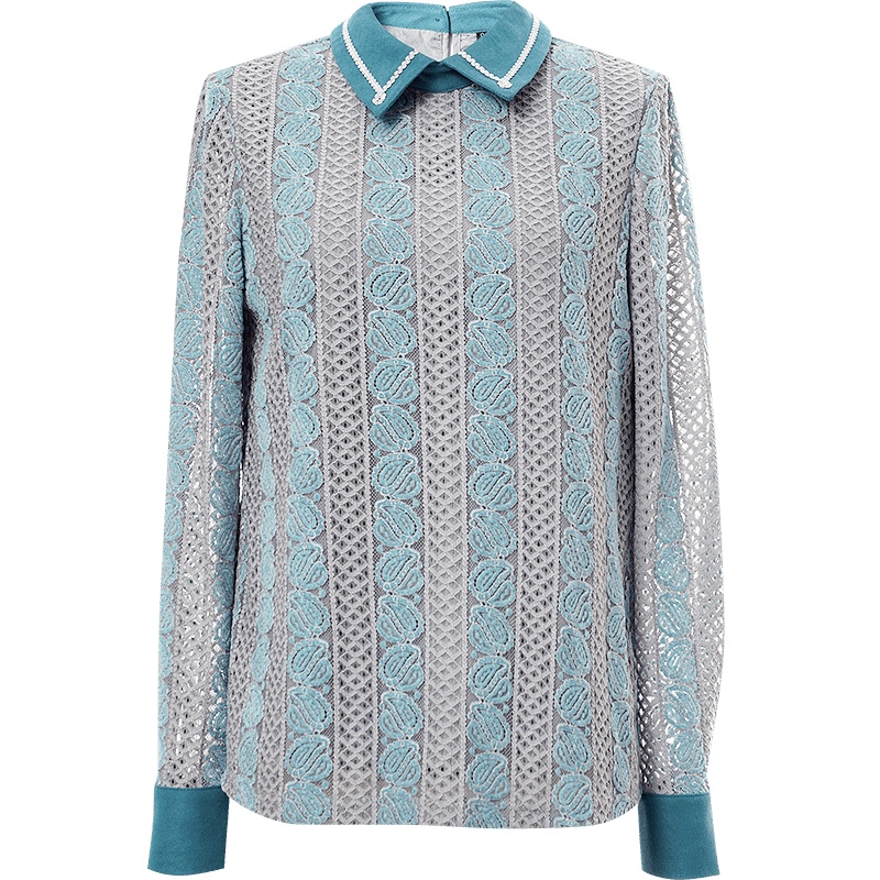 OUNIXUE欧昵雪 | [知性优雅蕾丝衫]秋冬季气质织带拼接翻领长袖休闲衬衫女