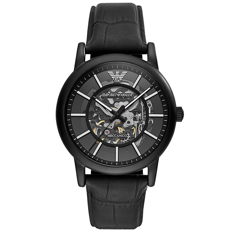 Armani 阿玛尼黑色时尚镂空机械表 男士皮革带潮流腕表AR60008