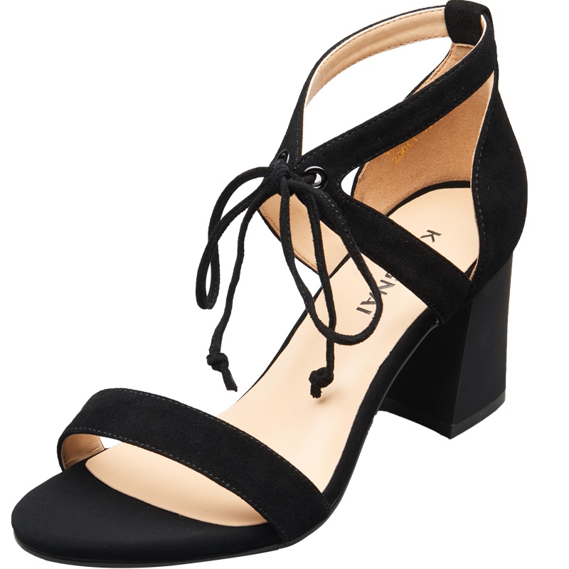 康奈女鞋 夏季羊反绒一字带粗跟凉鞋时尚交叉绑带气质优雅通勤女凉鞋1276026