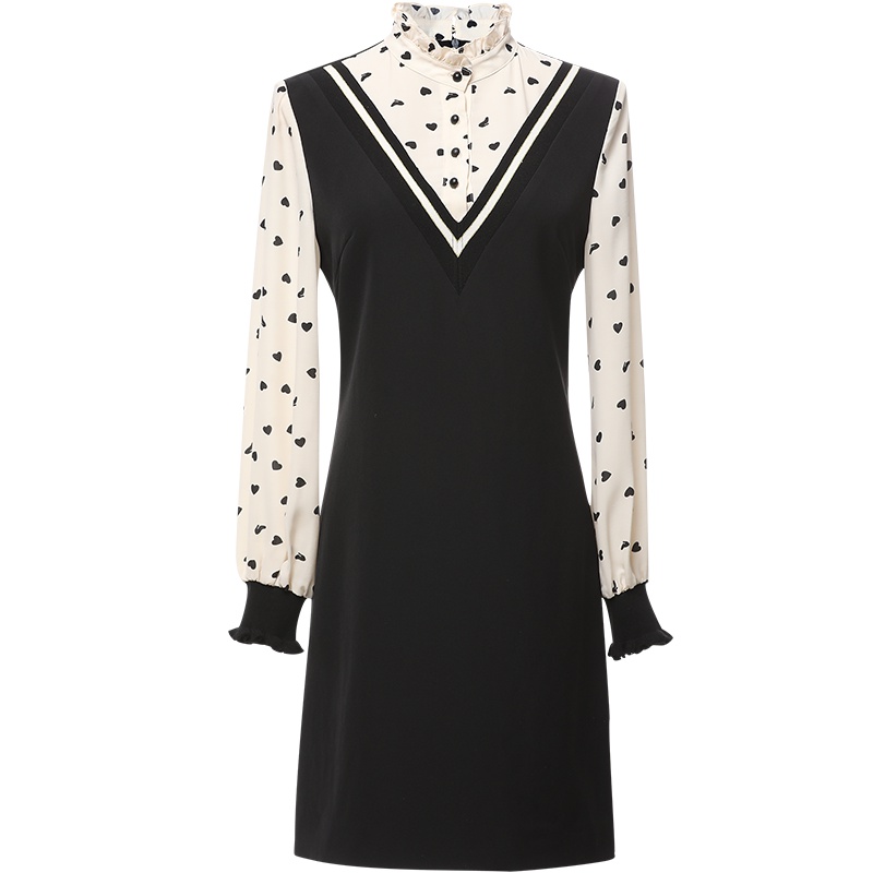 欧昵雪秋装花边立领印花长袖套头假两件连衣裙女显瘦短裙