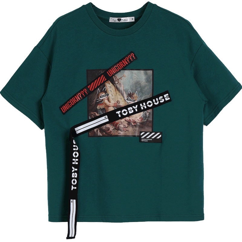 a02商场同款潮流街头风印花飘带宽松短袖T恤女D1U2C0221KT