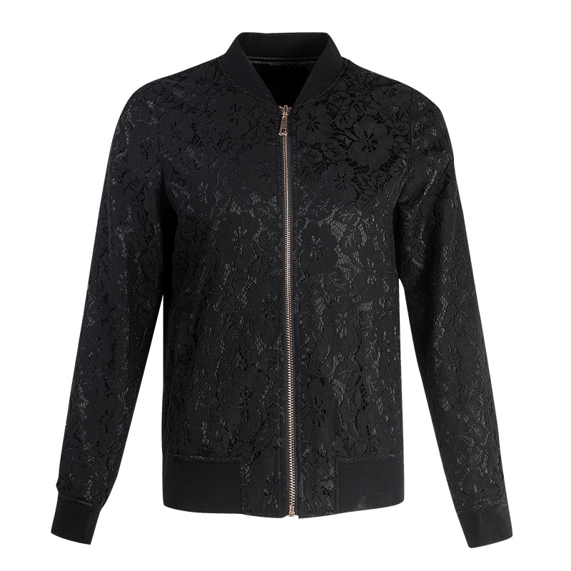 晩白 新品时尚通勤百搭纯色蕾丝拉链棒球服夹克外套上衣