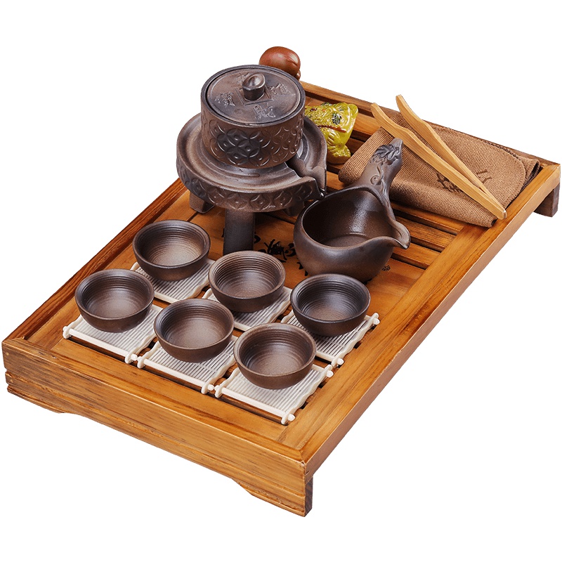 言艺(yanyi) 整套茶具套装实木茶盘懒人半全自动石磨泡茶器陶瓷茶壶茶杯 小陶磨配厚德载物棕