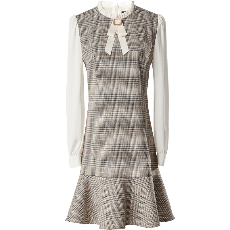 欧昵雪木耳边立领拼接衬衫袖假两件格子鱼尾连衣裙女