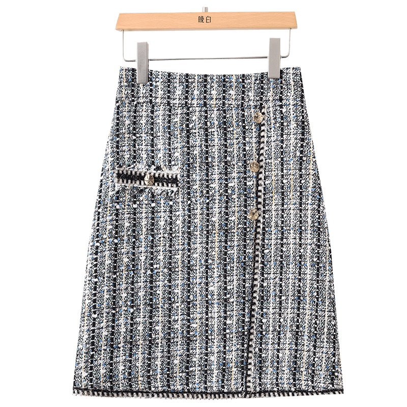 晚白2021春季新品时尚名媛淑女高腰百搭短裙小香风毛呢半身裙女