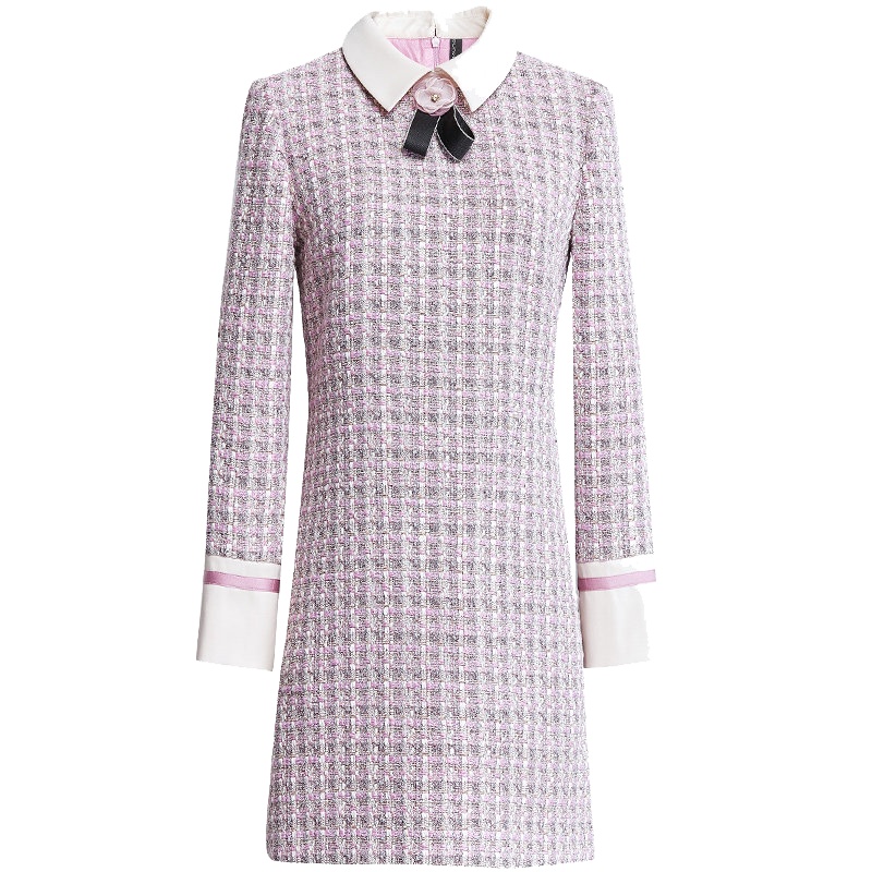 欧昵雪秋冬季衬衫领拼接格纹名媛小香风毛呢连衣裙女长袖短裙