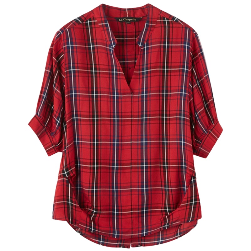 拉夏贝尔法式格纹衬衫女设计感小众新款夏季v领气质宽松衬衣