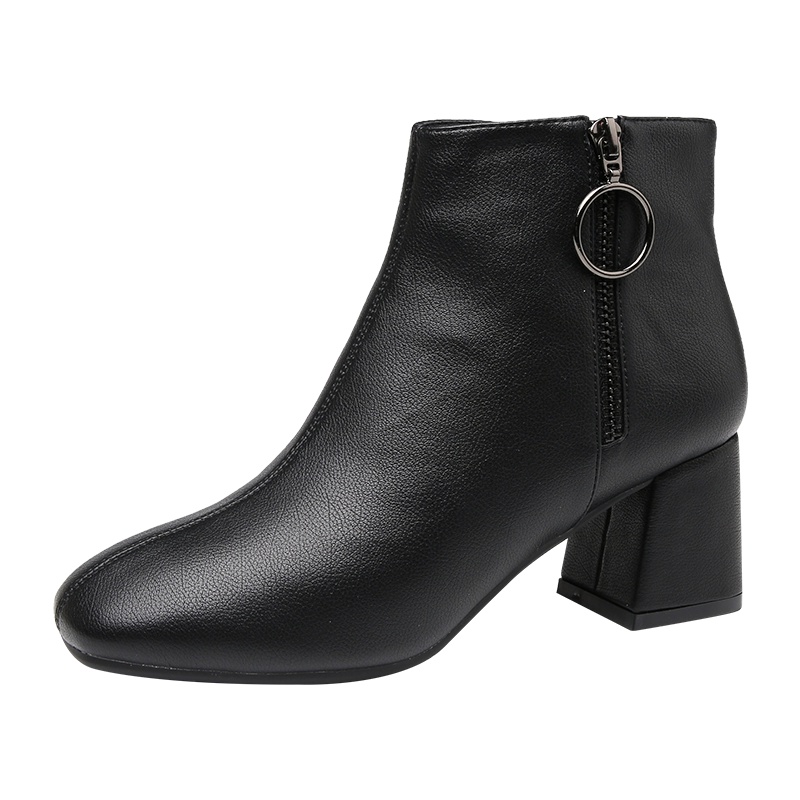 PLAYBOY/花花公子冬季加绒休闲简约纯色侧拉链设计圆头粗跟时尚高跟短靴女G12999241