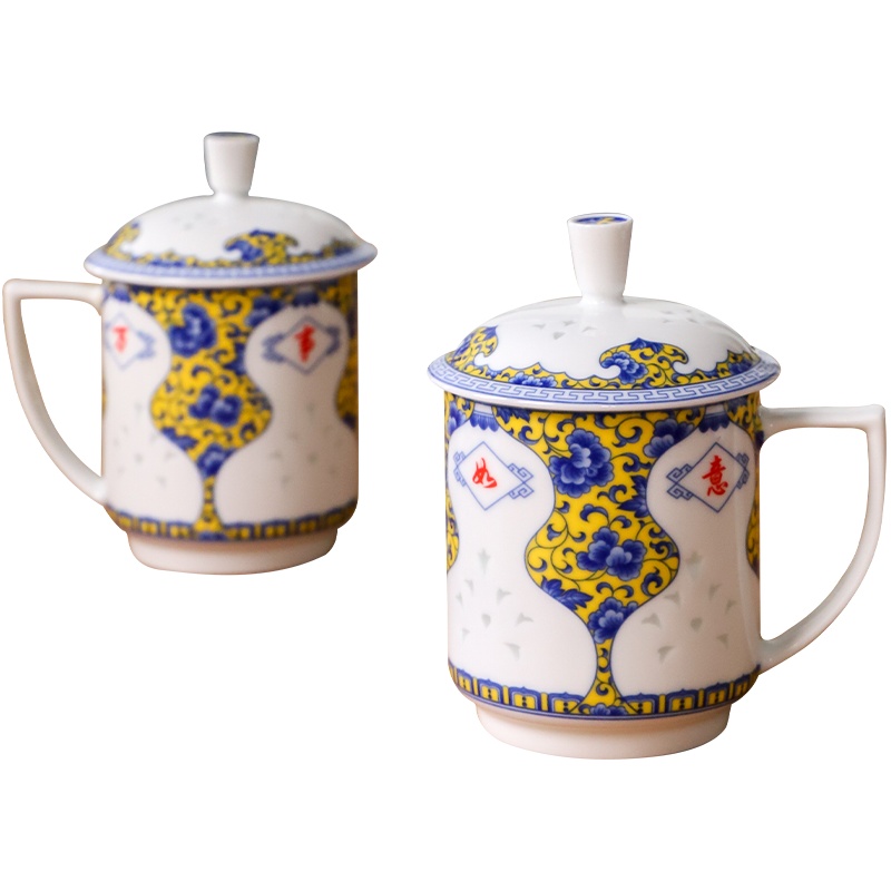 古镇陶瓷大容量水杯办公对杯茶杯陶瓷景德镇玲珑杯带盖泡茶杯简约凤羽