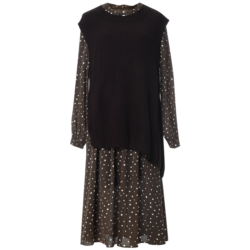 欧昵雪翻领显瘦波点连衣裙女无袖针织衫马甲两件套装