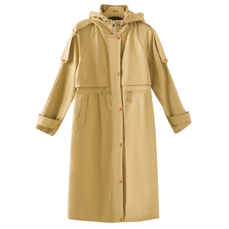 晚白2021春季新品休闲纯色连帽翻领长袖时尚长款风衣大衣外套女