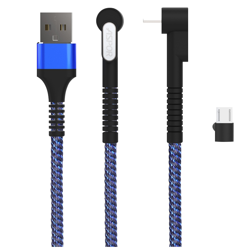 [追剧充电神器]ASPOR 安卓接口支架数据线 手机充电线1米 手机快充2.4A电源线 黑蓝色 尼龙耐折不易断 以换代修