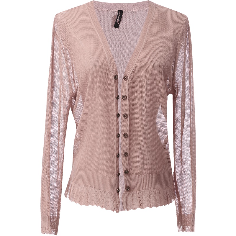 欧昵雪夏淑女V领拼接镂空下摆长袖开衫外套女防晒针织衫