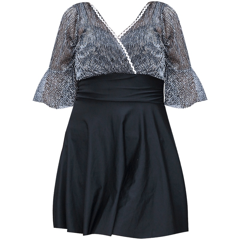 OOK连体裙式泳衣女士保守遮肚显瘦游泳衣大胸聚拢性感大码泳装新款 黑色