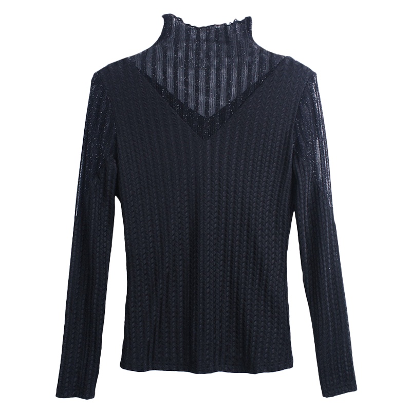  半高领打底衫大码女装内搭春秋百搭网纱亮丝针织气质上衣洋气小衫