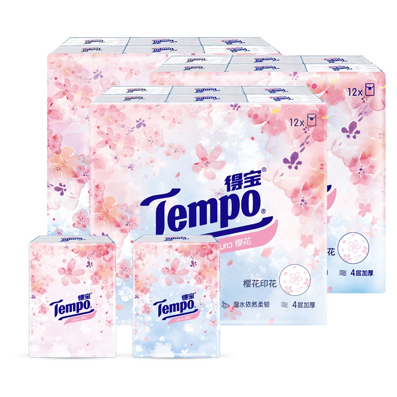 得宝(Tempo)手帕纸 淡雅樱花味4层7张36包 纸巾纸品便携四层加厚樱花印花餐巾纸面巾纸