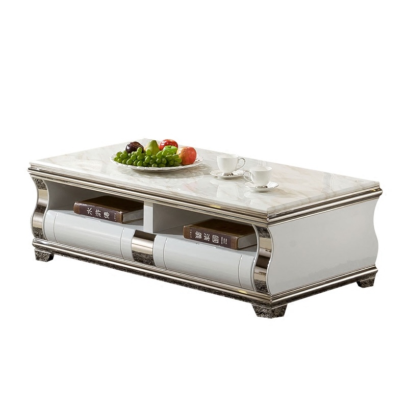 莱柯檑 大理石茶几电视柜小户型不锈钢白色烤漆客厅新古典/后现代时尚伸缩地柜 现代简约茶几电视柜