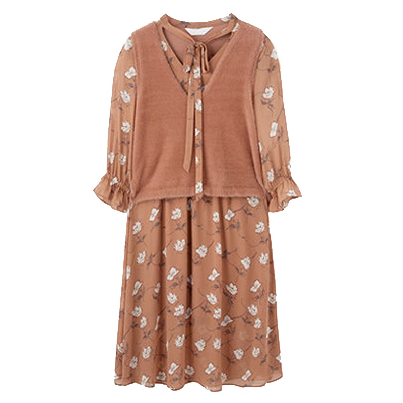 拉夏贝尔雪纺连衣裙女装春季季碎花高腰A字裙两件套装中长裙子1T000694