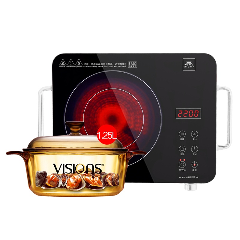 美国康宁家用晶彩透明汤锅 1.25L+电陶炉 炖锅汤锅煲汤明火直烧玻璃锅 耐高温大功率 家用 爆炒 2200w 大火力