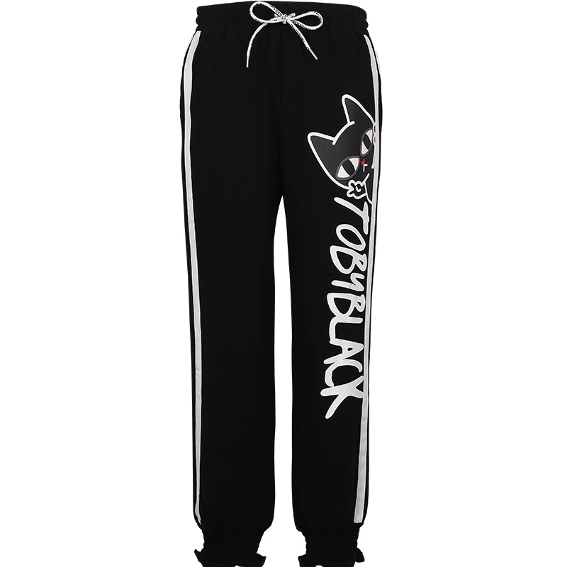 a02新款潮流小黑印花花边束脚宽松休闲裤女潮DTU5B0541PN