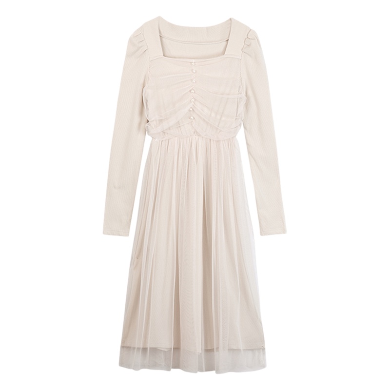 拉夏贝尔Laetia2021网纱拼接毛衣裙女过膝中长款针织连衣裙春气质