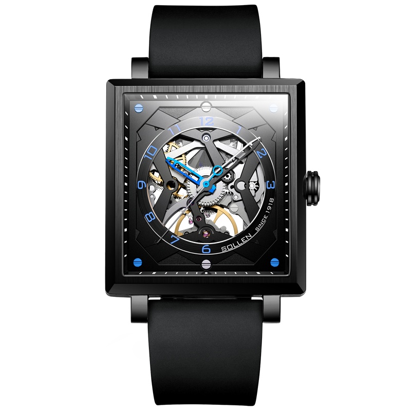 梭伦(SOLLEN)手表男镂空时尚休闲商务潮流复古防水方形男表自动机械表SL-205