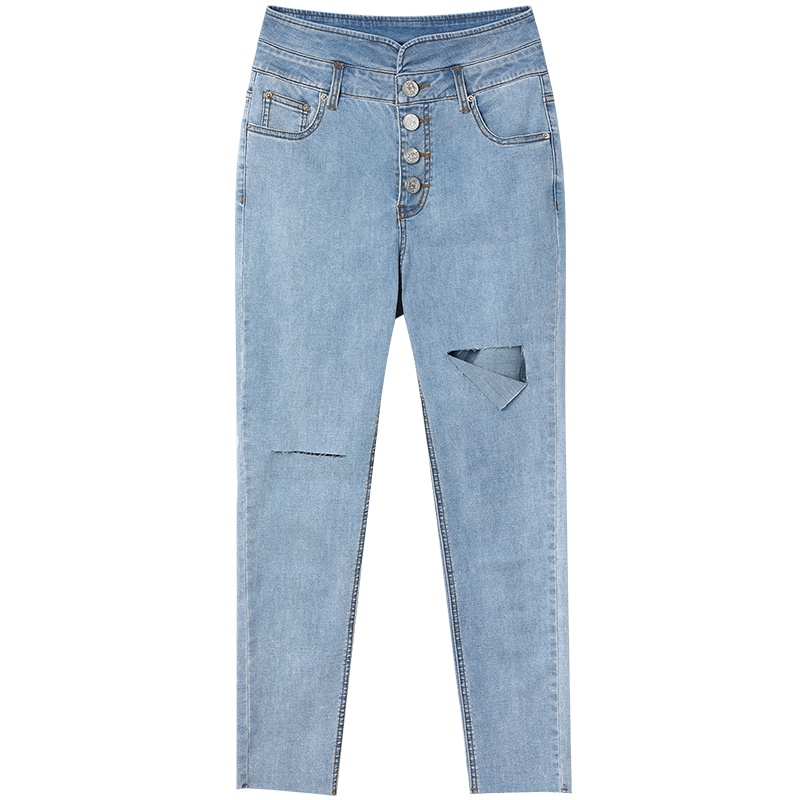妖精的口袋破洞铅笔牛仔裤2020夏季新款女士直筒显瘦百搭小脚裤子