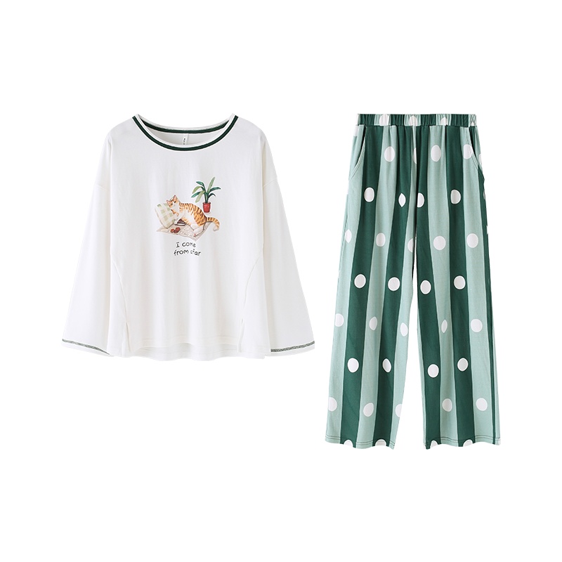 安之伴纯棉双面针织素色插印花长袖女套装91K7256