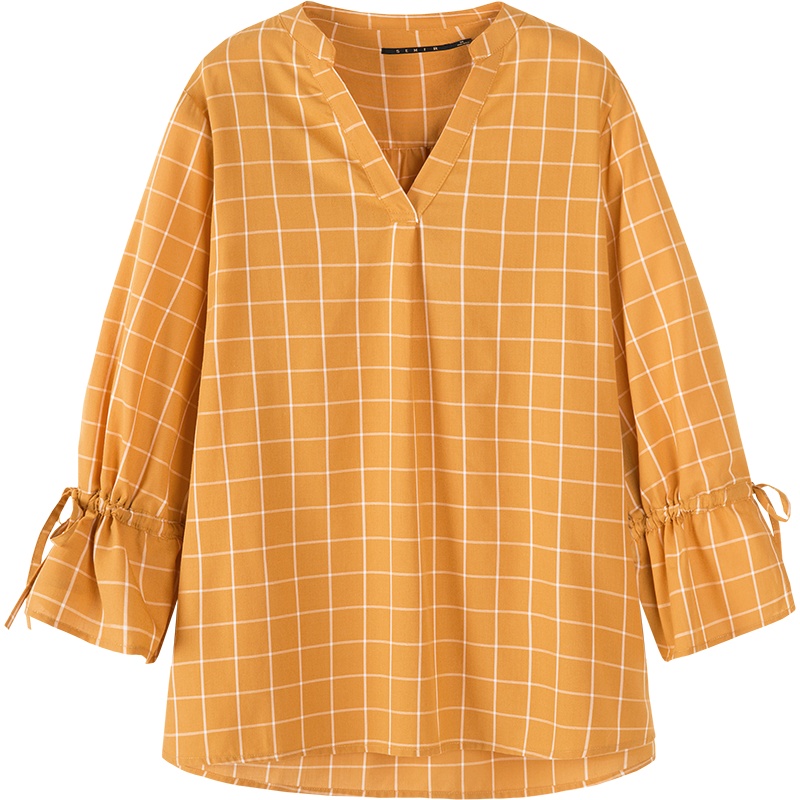 Semir森马长袖衬衫女2019秋季新款V领宽松显瘦衬衣喇叭袖复古甜美ins