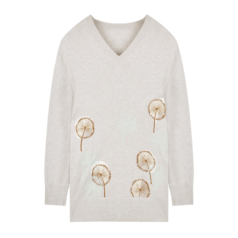 鄂尔多斯1980 通勤V领植物花卉提花羊绒女羊绒衫针织衫