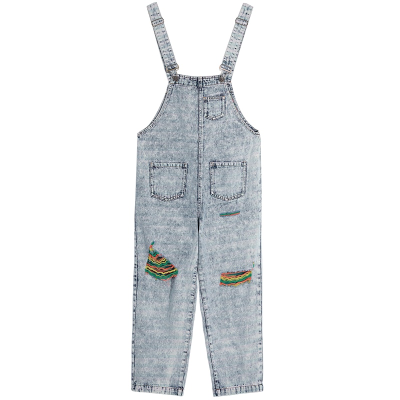 妖精的口袋破洞直筒宽松背带牛仔裤2020夏季新款女显瘦百搭裤子潮