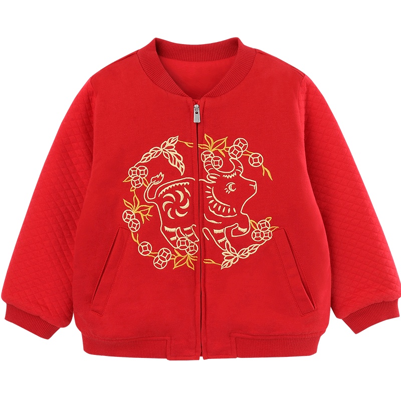 英氏儿童外套针织绣花宝宝保暖新年装短外套 2020秋冬新款YRWBJ40253A01