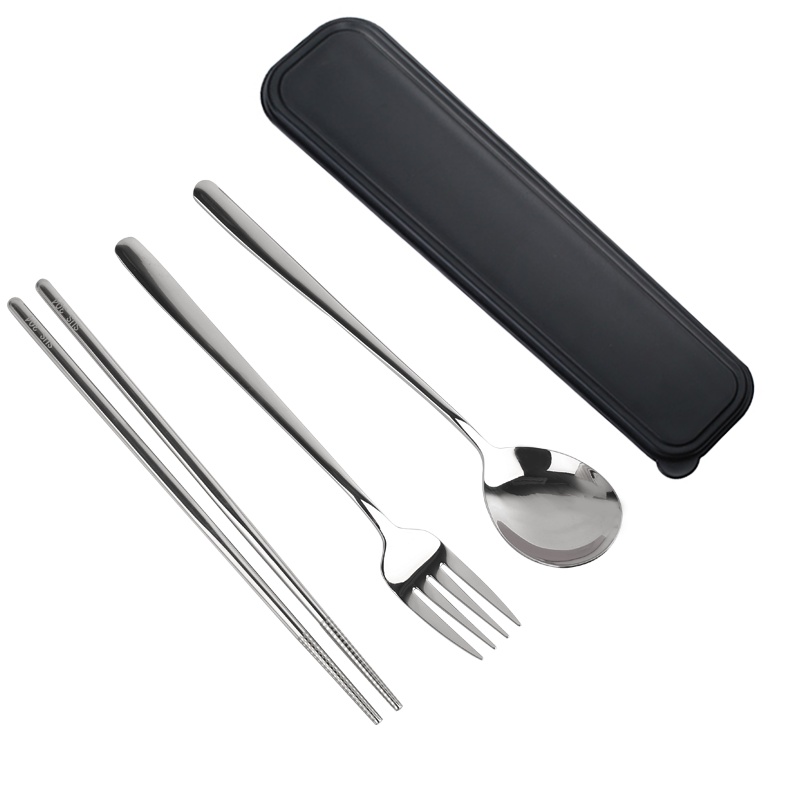 拾画 304不锈钢勺筷叉餐具套装 创意便携式筷子勺子旅行三件套 家用旅游学生成人餐具套装 黑色盒款 SH-2226