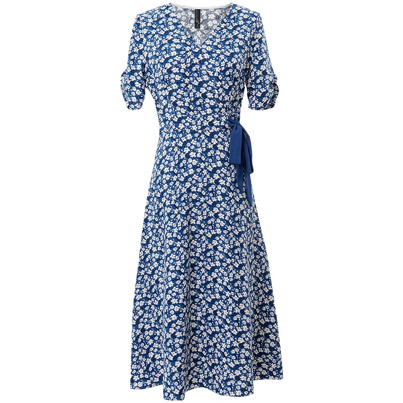 欧昵雪中长款法式茶歇裙夏季V领气质系带A字裙子碎花连衣裙女