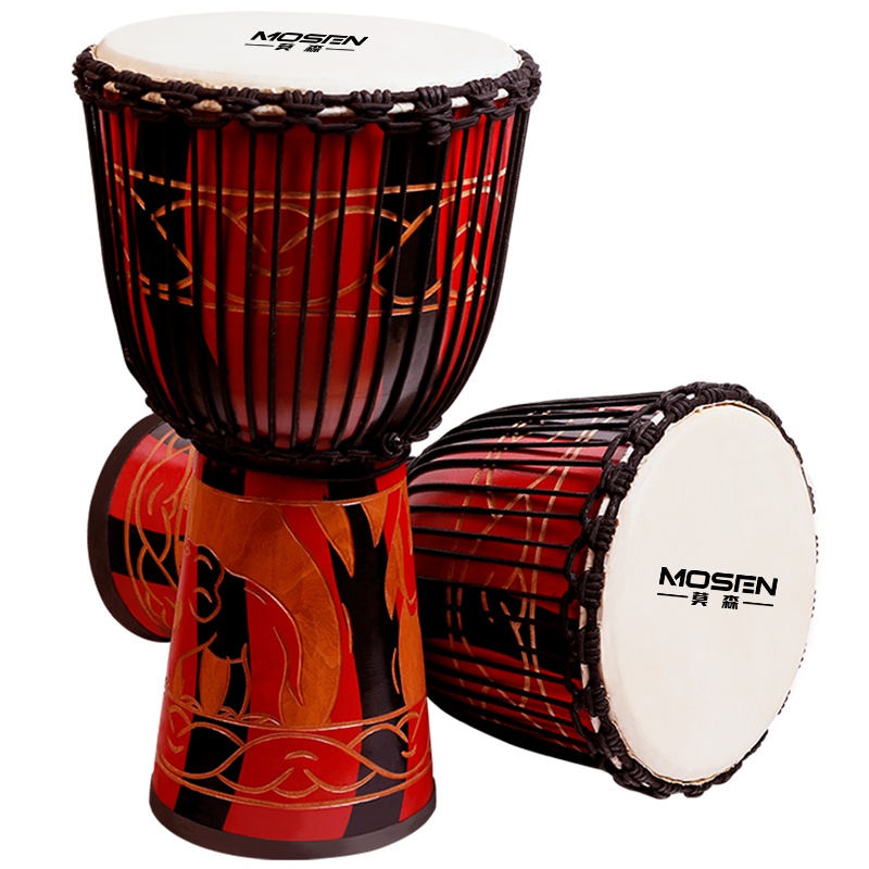 莫森(mosen)8英寸彩绘非洲鼓 成年老山羊皮 印尼桃花芯木 儿童初学者丽江演奏手鼓[配件大礼包]红黑雕像