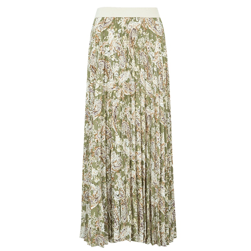 晚白2021春季新品时尚百搭松紧高腰复古印花百褶裙长裙半身裙女