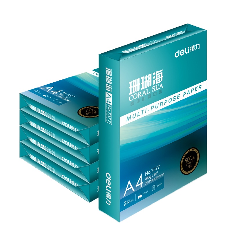 得力(deli)珊瑚海 80g A4 复印纸 中档款打印纸 500张/包 5包1箱(整箱2500张)