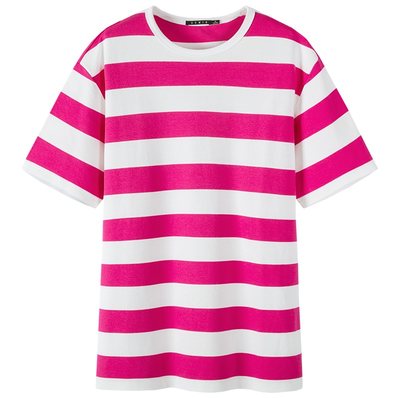 森马短袖T恤女2019春秋新款宽松圆领套头撞色条纹纯棉洋气上衣