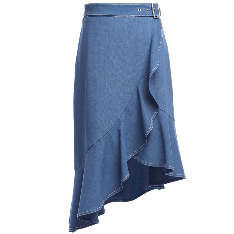 欧昵雪夏季高腰不规则修身鱼尾半身裙女荷叶边包臀短裙子