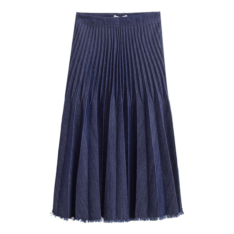 茵曼2019夏装新款简约百搭文艺收褶A摆显瘦复古牛仔半身裙女