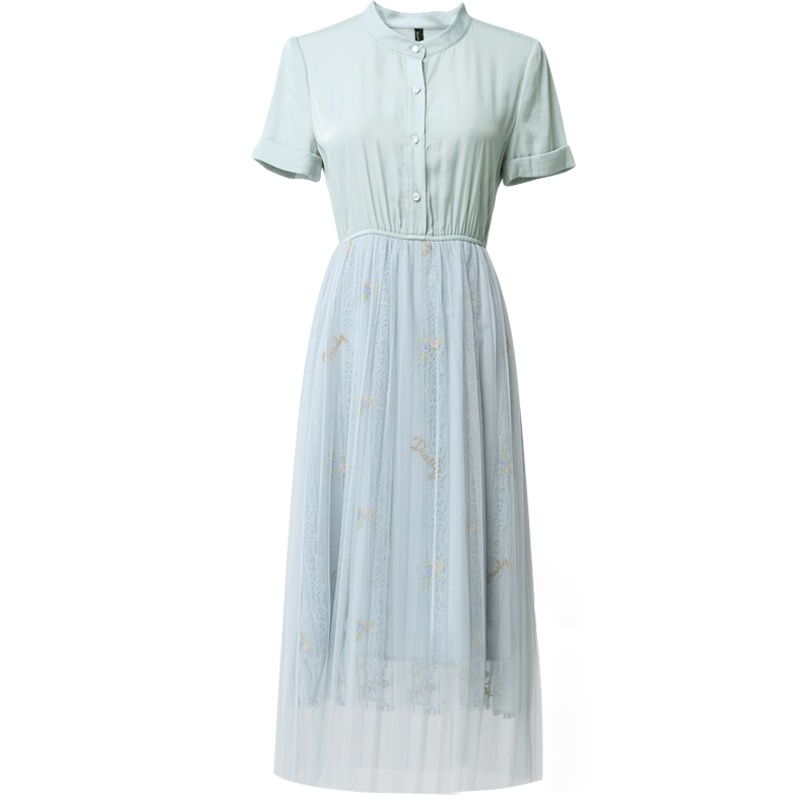 欧昵雪夏季立领衬衫拼接收腰网纱蕾丝绣花连衣裙女短袖百褶裙